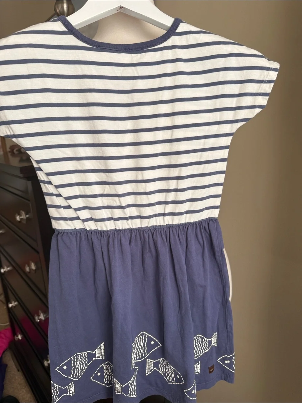 Tea Collection Navy & White Striped Short Sleeve Dress with Fish Hem